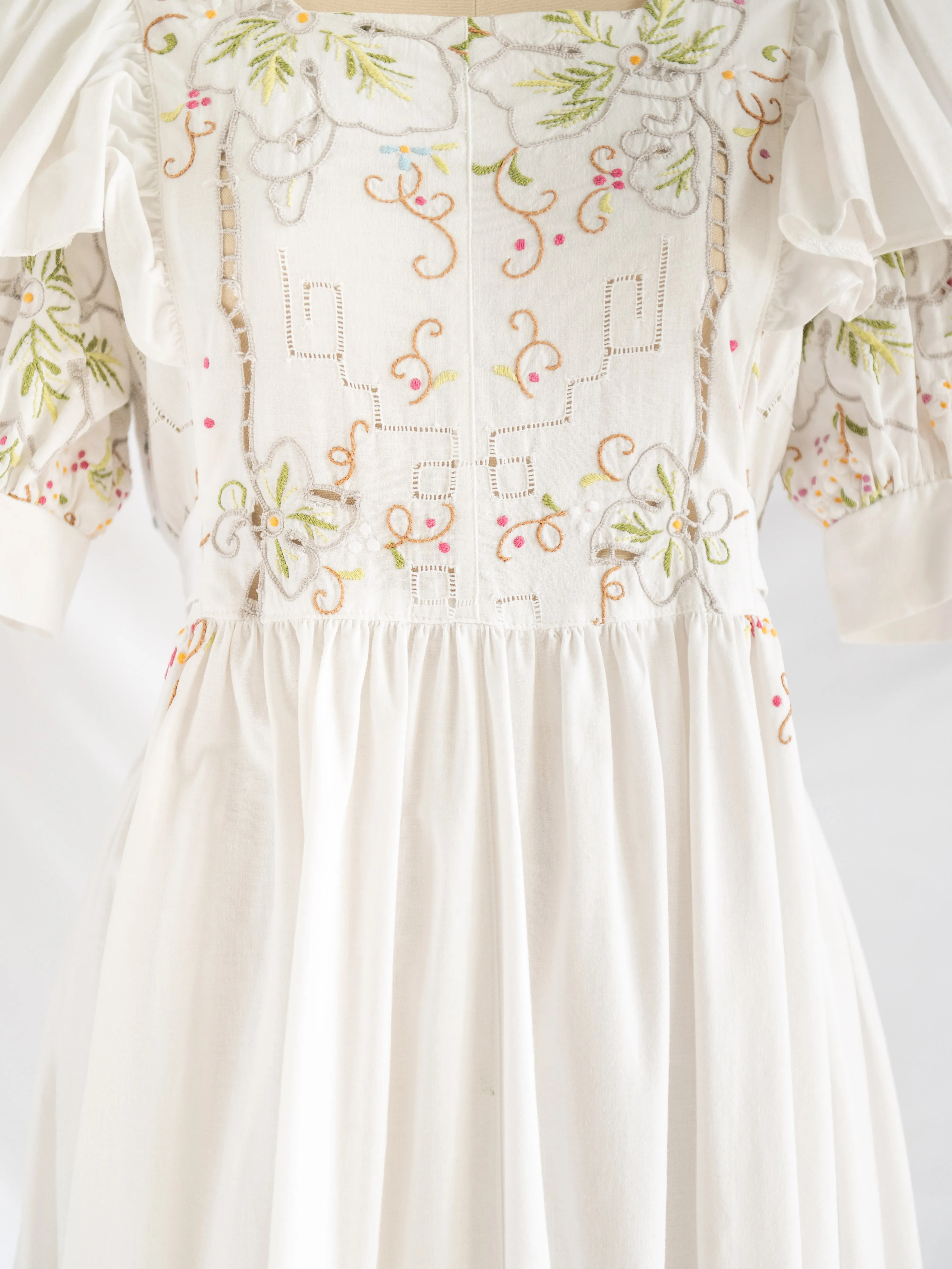 Re-design Upcycled Ruffle Cuff Sleeved White Maxi Dress