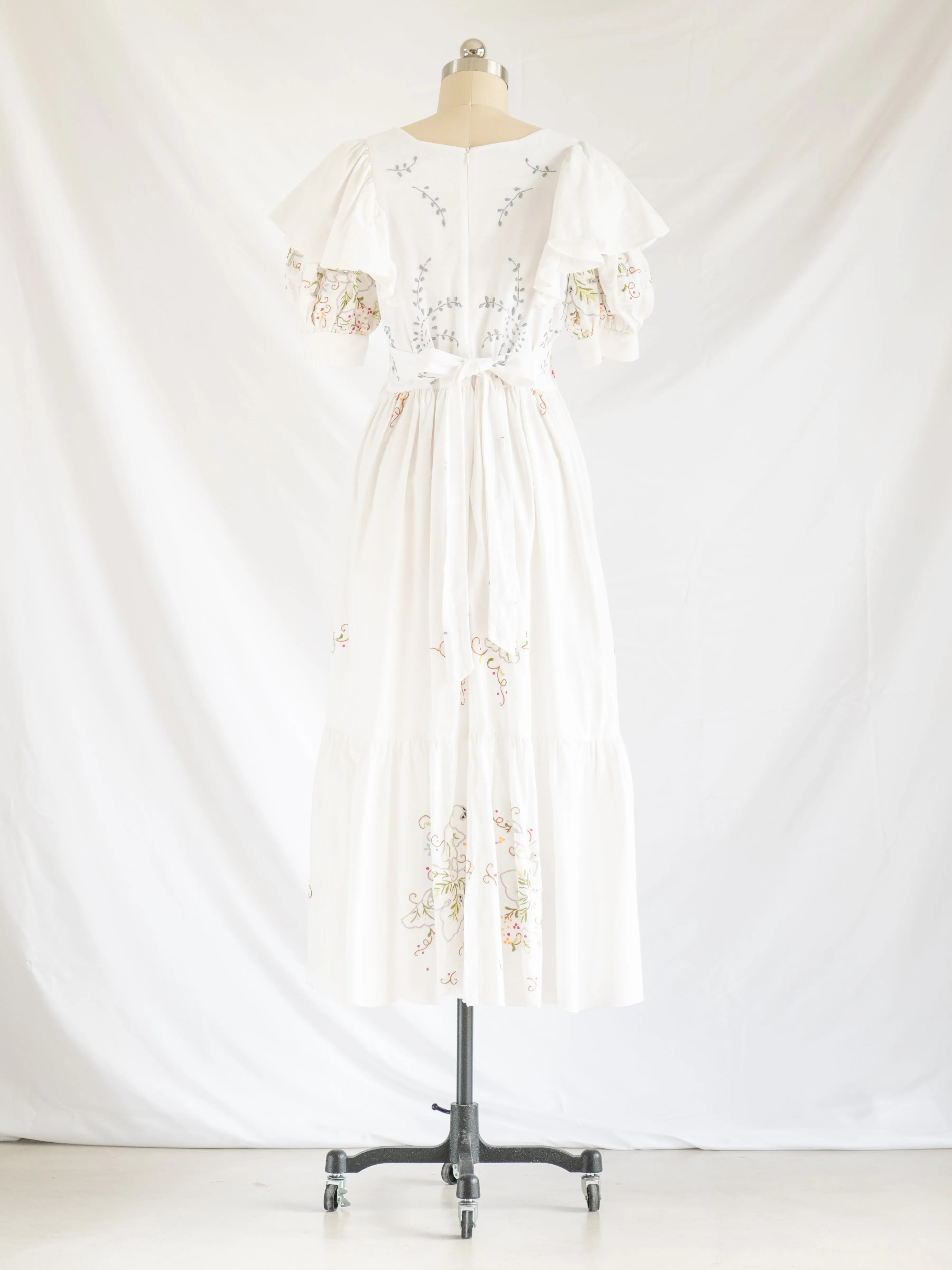 Re-design Upcycled Ruffle Cuff Sleeved White Maxi Dress
