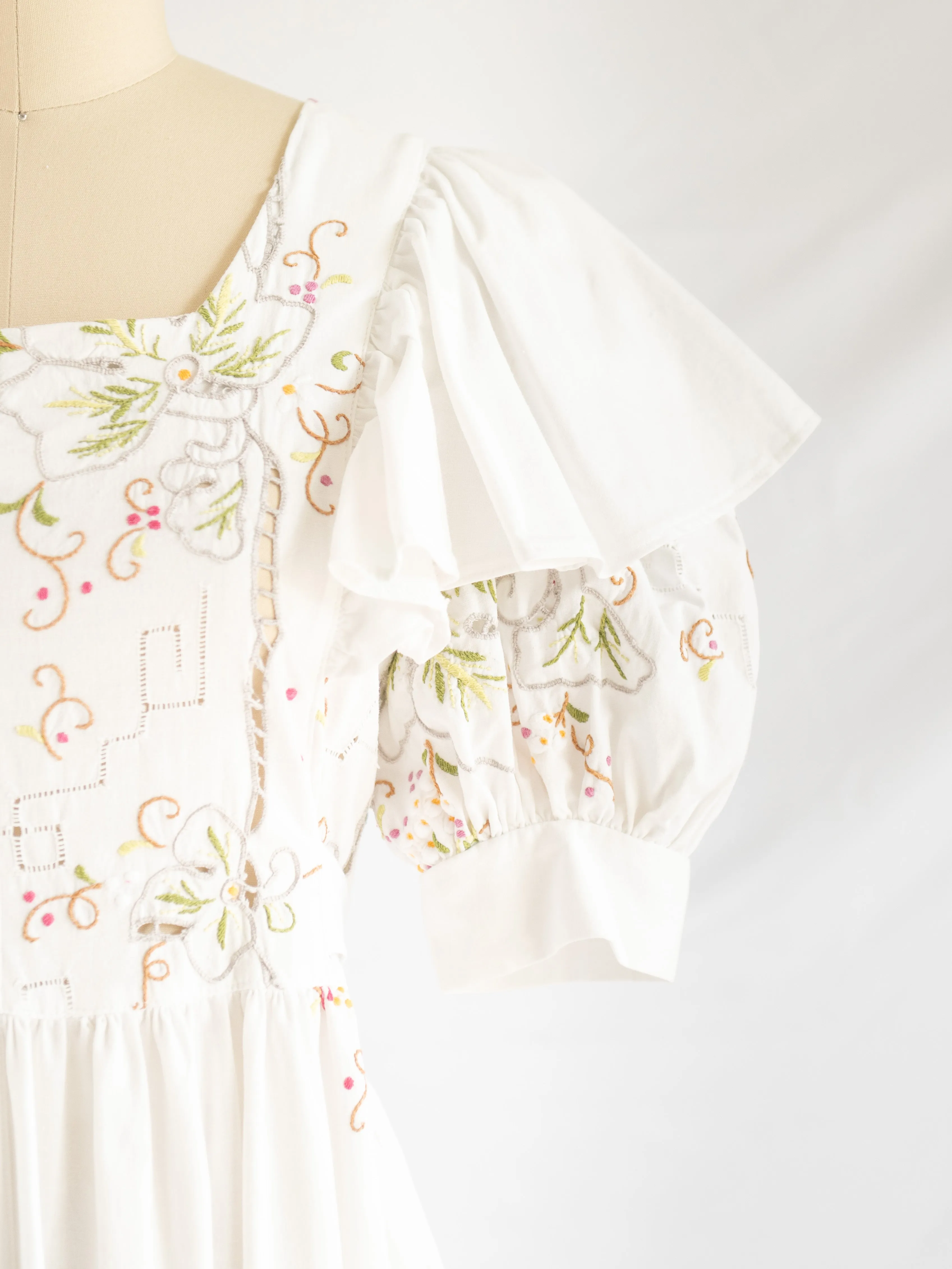 Re-design Upcycled Ruffle Cuff Sleeved White Maxi Dress