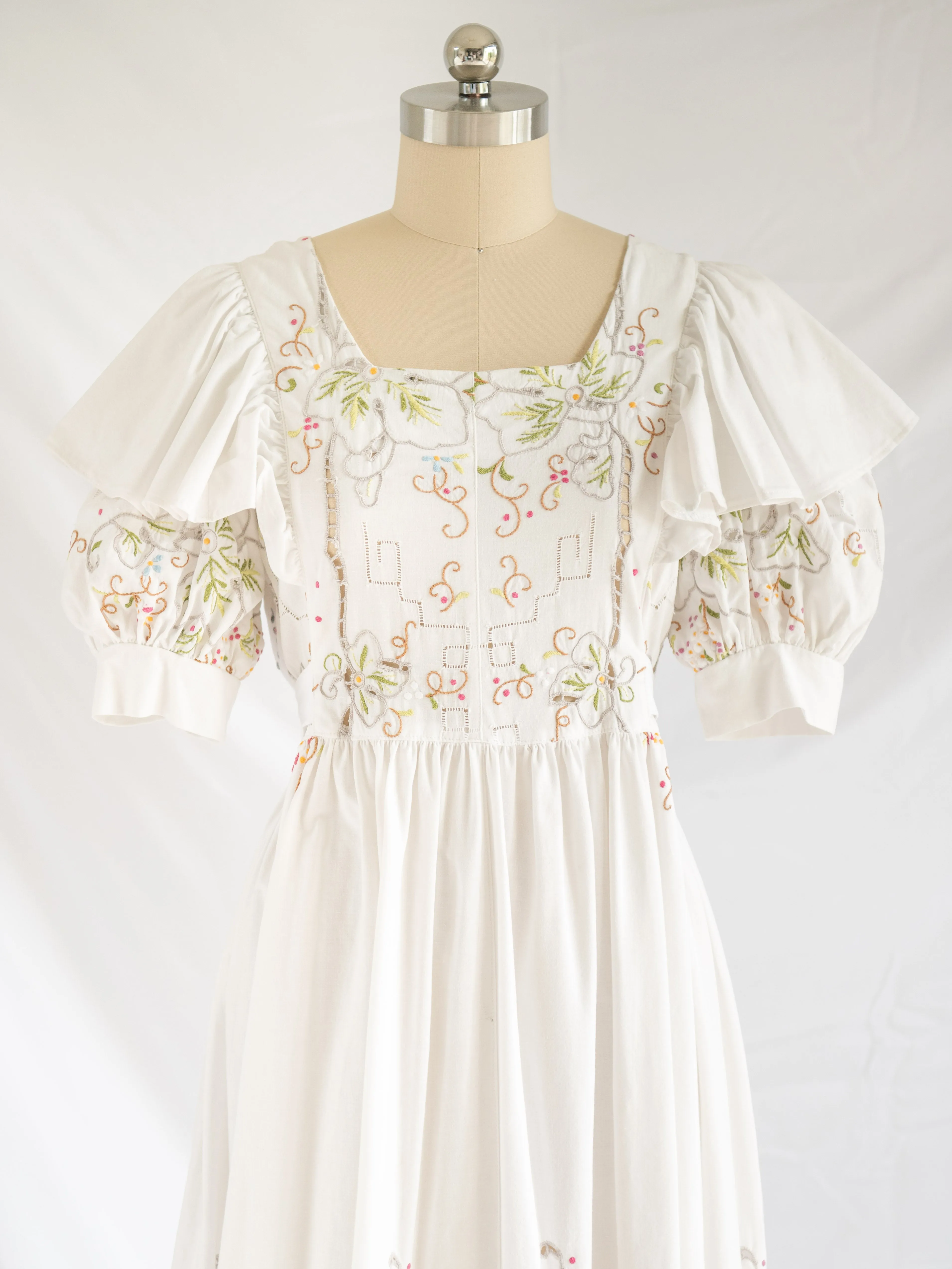 Re-design Upcycled Ruffle Cuff Sleeved White Maxi Dress