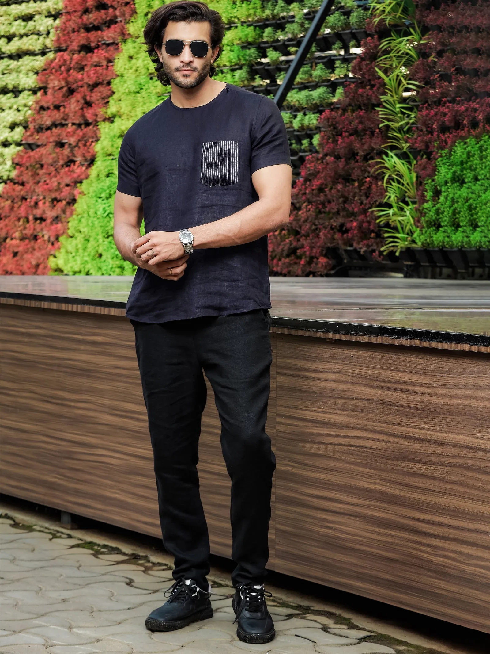 Simon - Pure Linen Stitch Detail Short Sleeve T-Shirt - Dark Blue