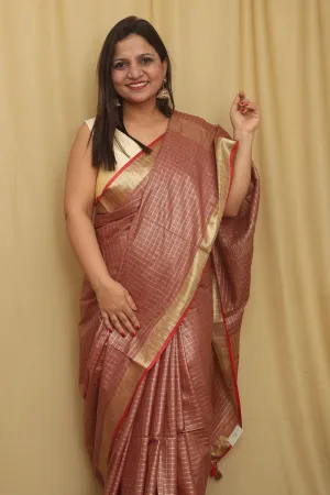 Soft and Elegant Brown Bhagalpur Linen Cotton Checks Design Saree