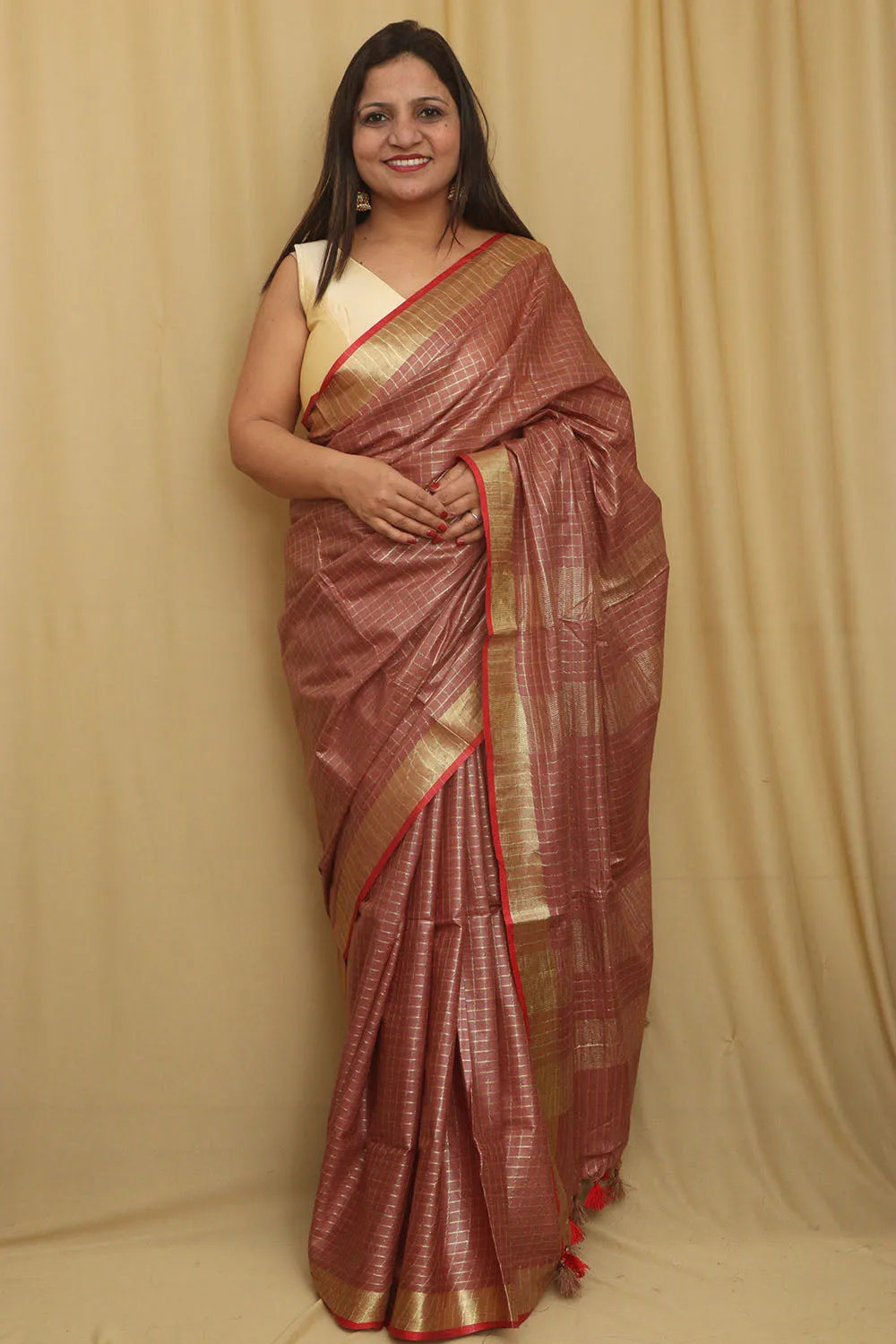 Soft and Elegant Brown Bhagalpur Linen Cotton Checks Design Saree