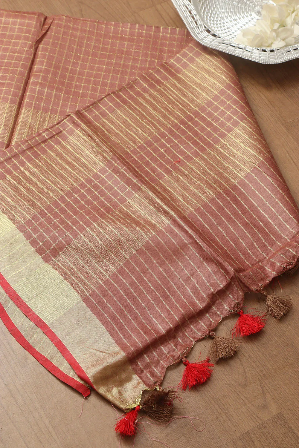 Soft and Elegant Brown Bhagalpur Linen Cotton Checks Design Saree
