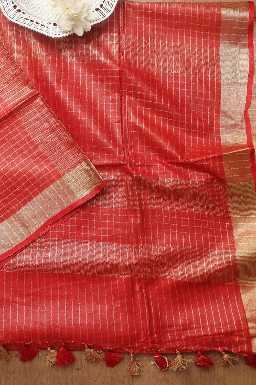 Soft and Elegant Red Bhagalpur Linen Cotton Checks Design Saree