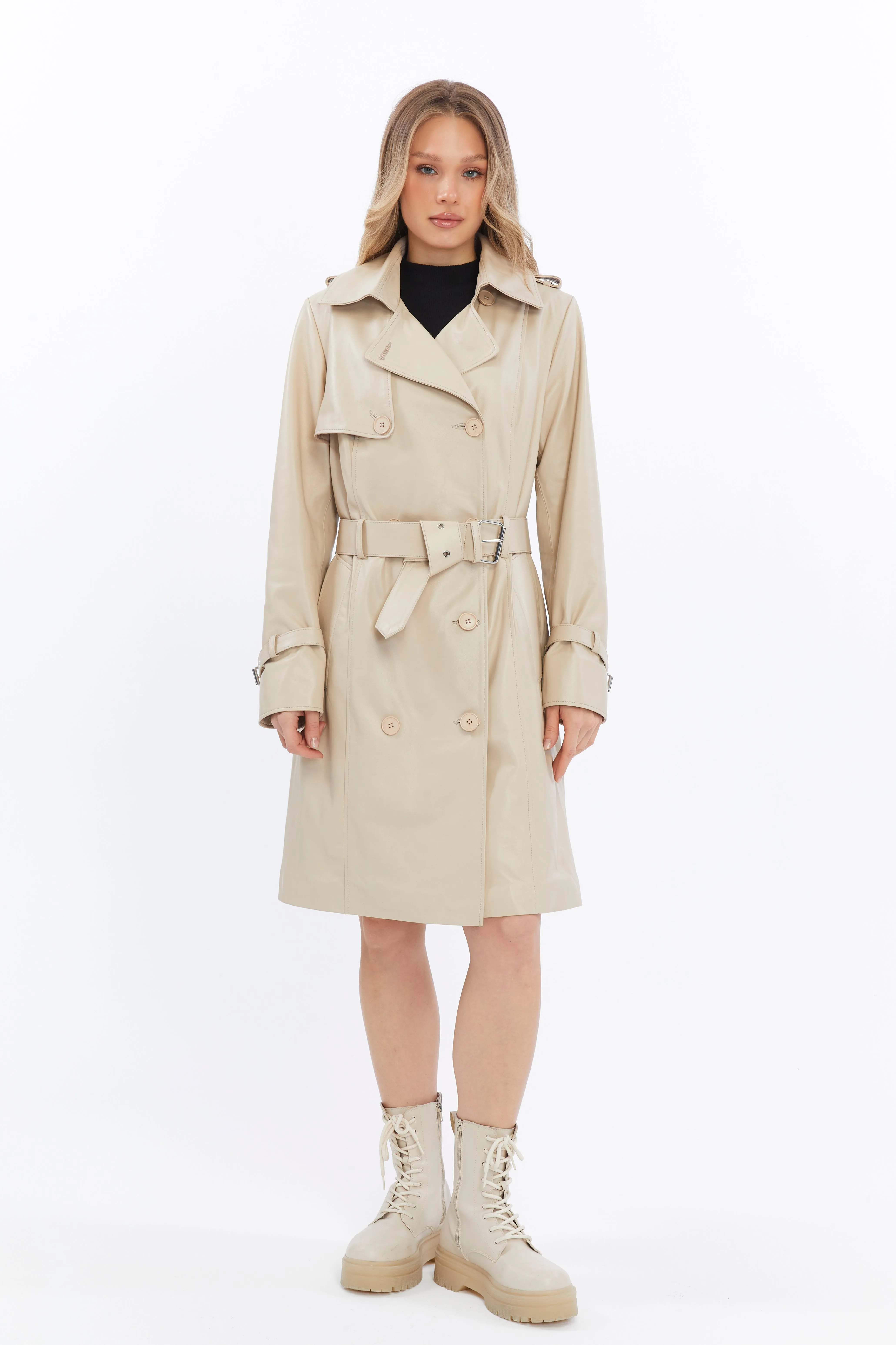Soho Leather Trench Coat, Beige