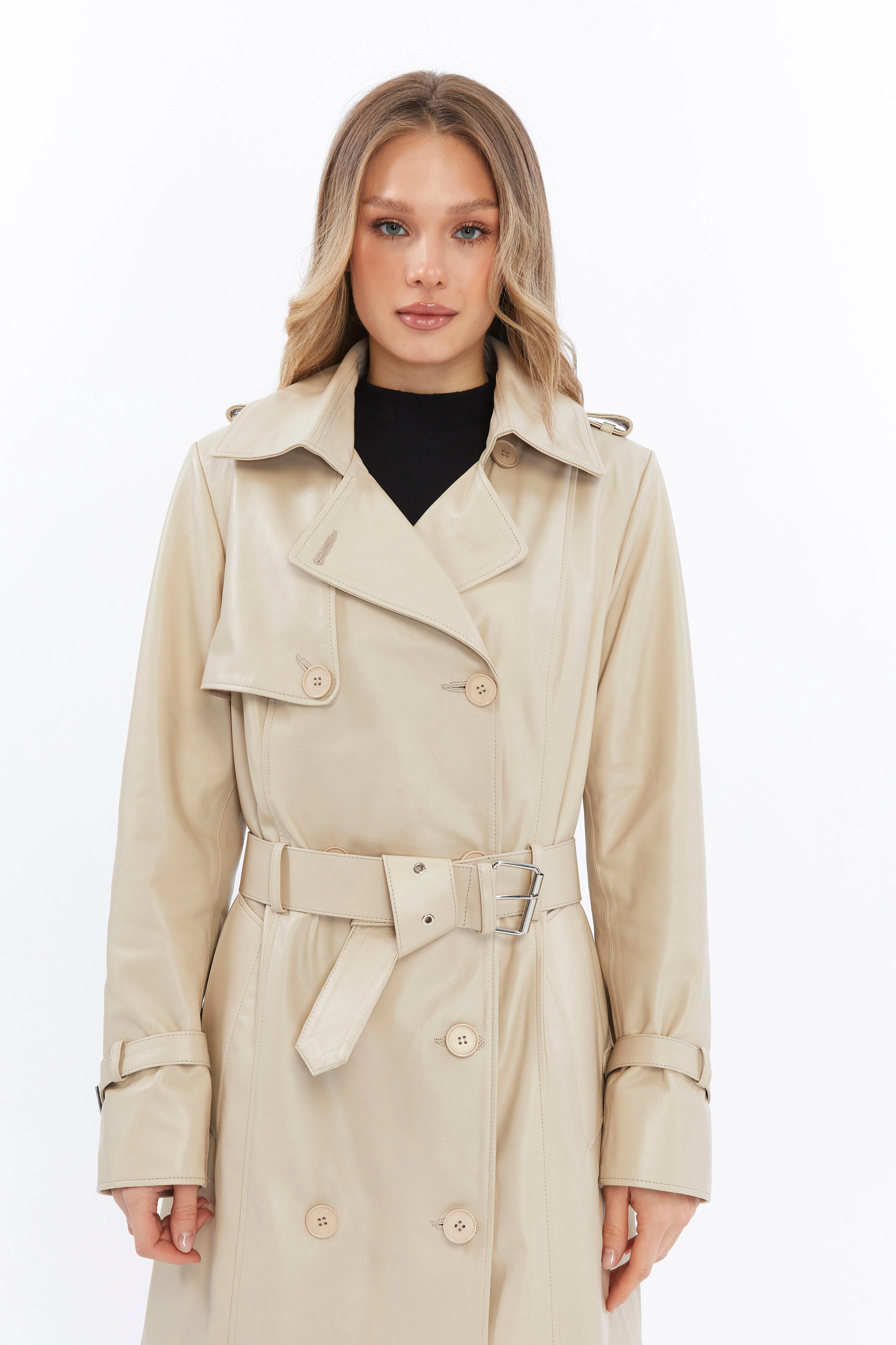 Soho Leather Trench Coat, Beige
