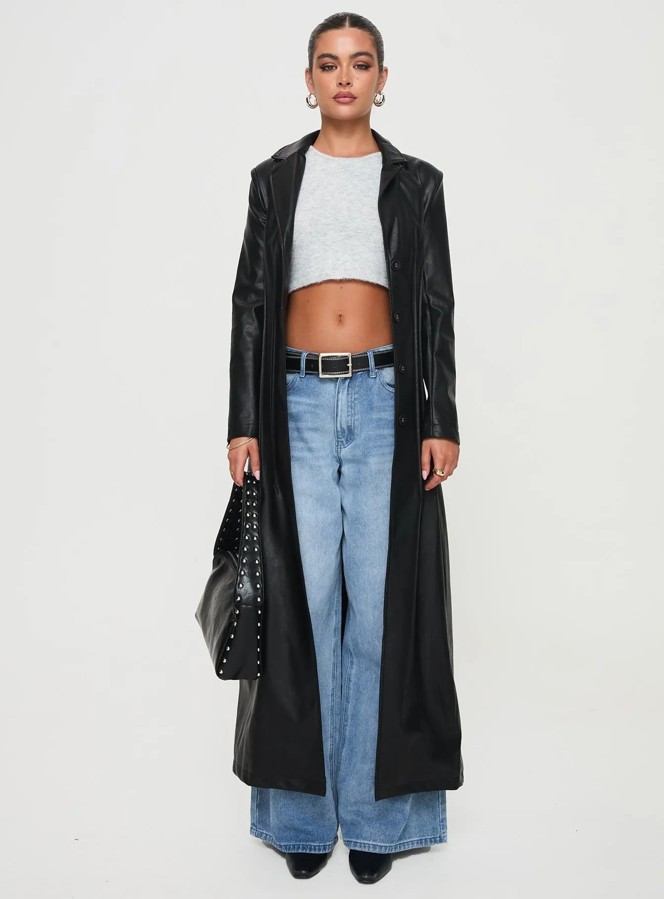 Speak Easy Long Line Faux Leather Coat Black