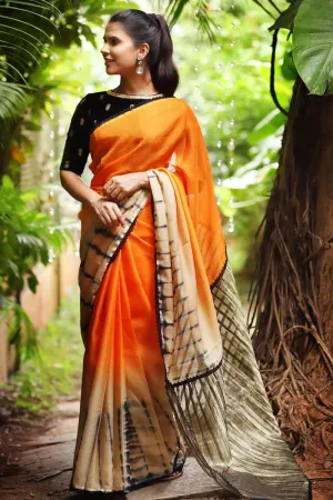 Stylish Orange  colored Linen Designer Printed Saree