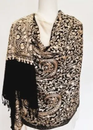 Tanaya Embroidered Wool Shawl. Collector's shawl. Black & Metallic
