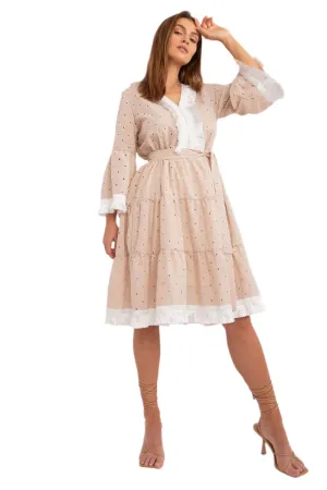 TEEK - Beige Contrast Trim Cinched Waist Dress