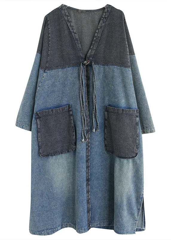 Vintage Denim Blue V Neck Patchwork Trench Coat Spring AC2069