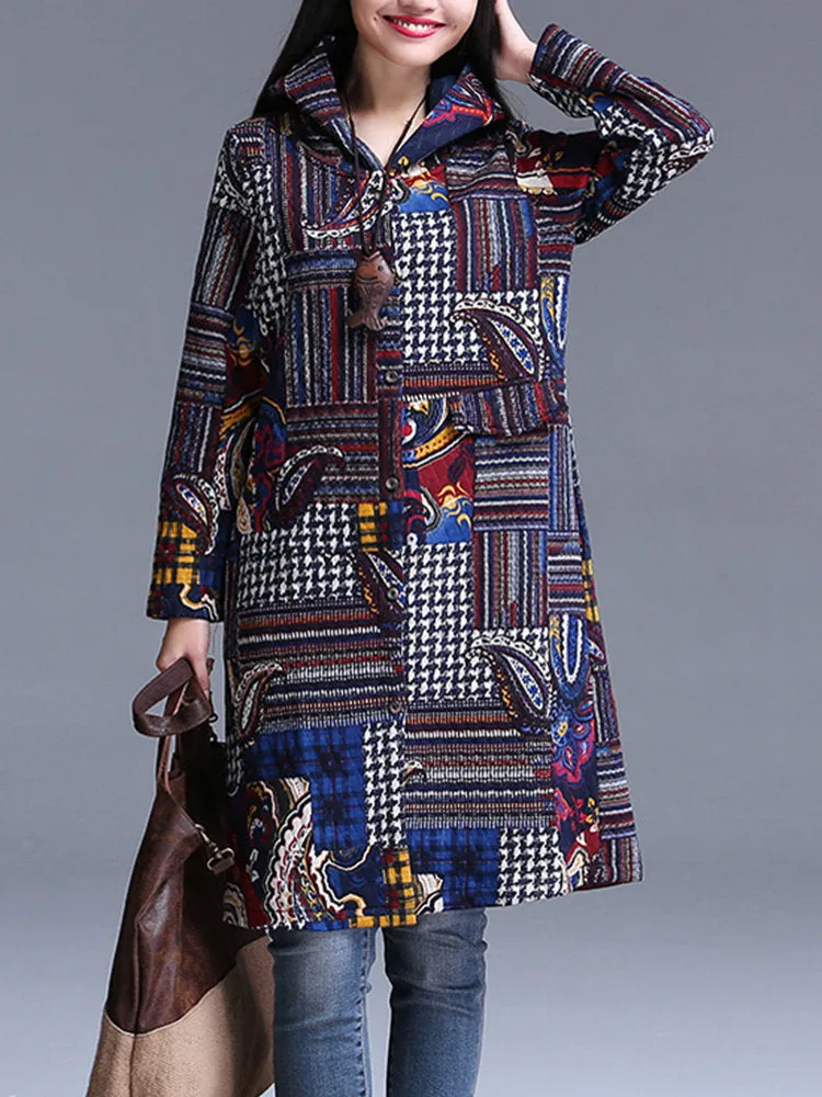 Vintage Printed Hooded Winter Coats