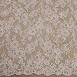 White Embroidered Corded Tulle Double Scalloped Floral Lace
