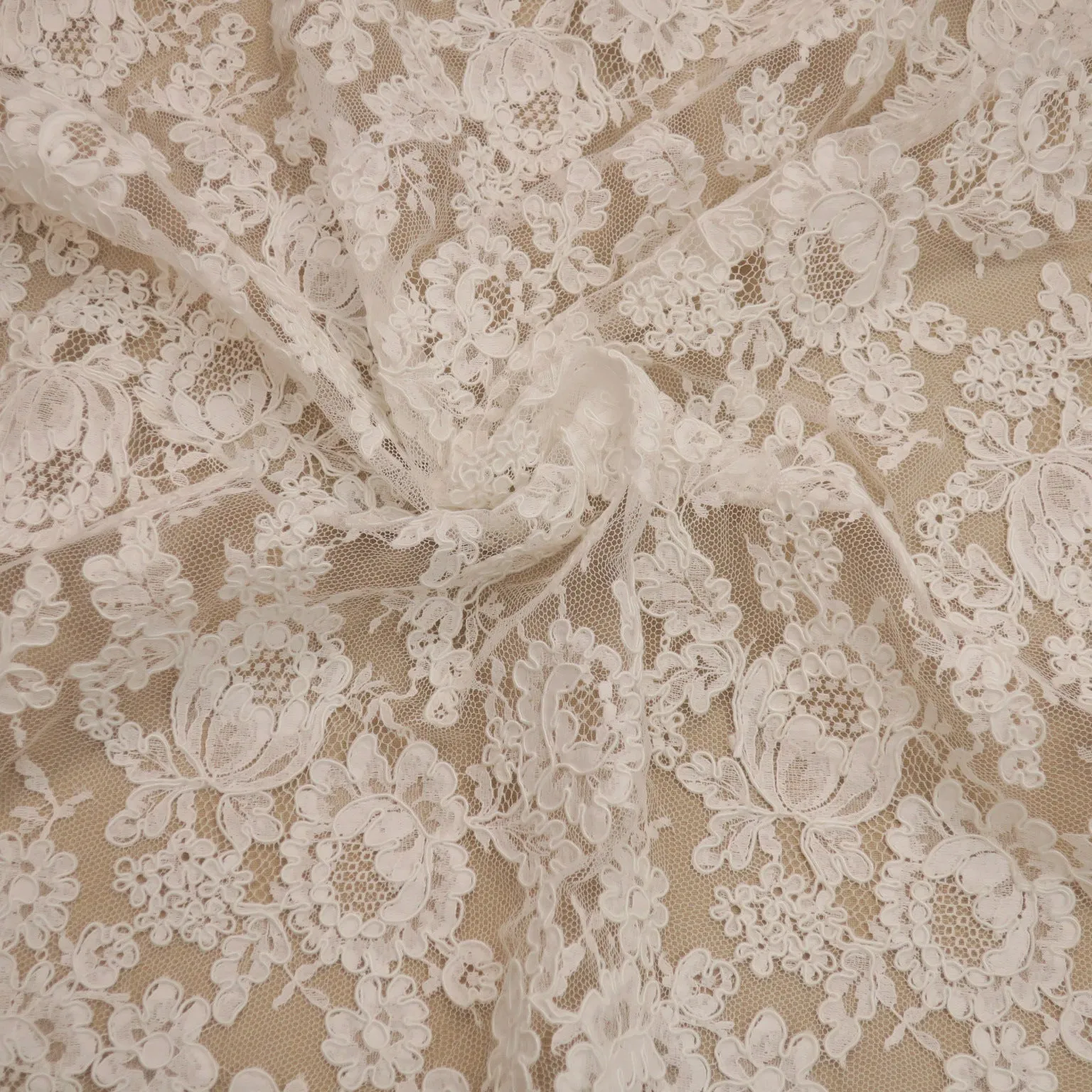 White Embroidered Corded Tulle Double Scalloped Floral Lace
