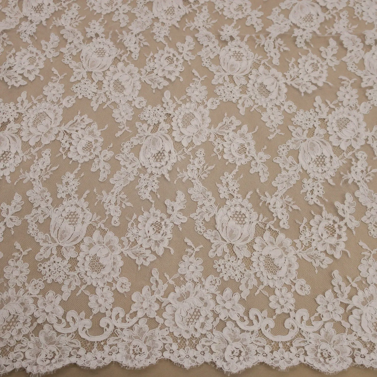 White Embroidered Corded Tulle Double Scalloped Floral Lace