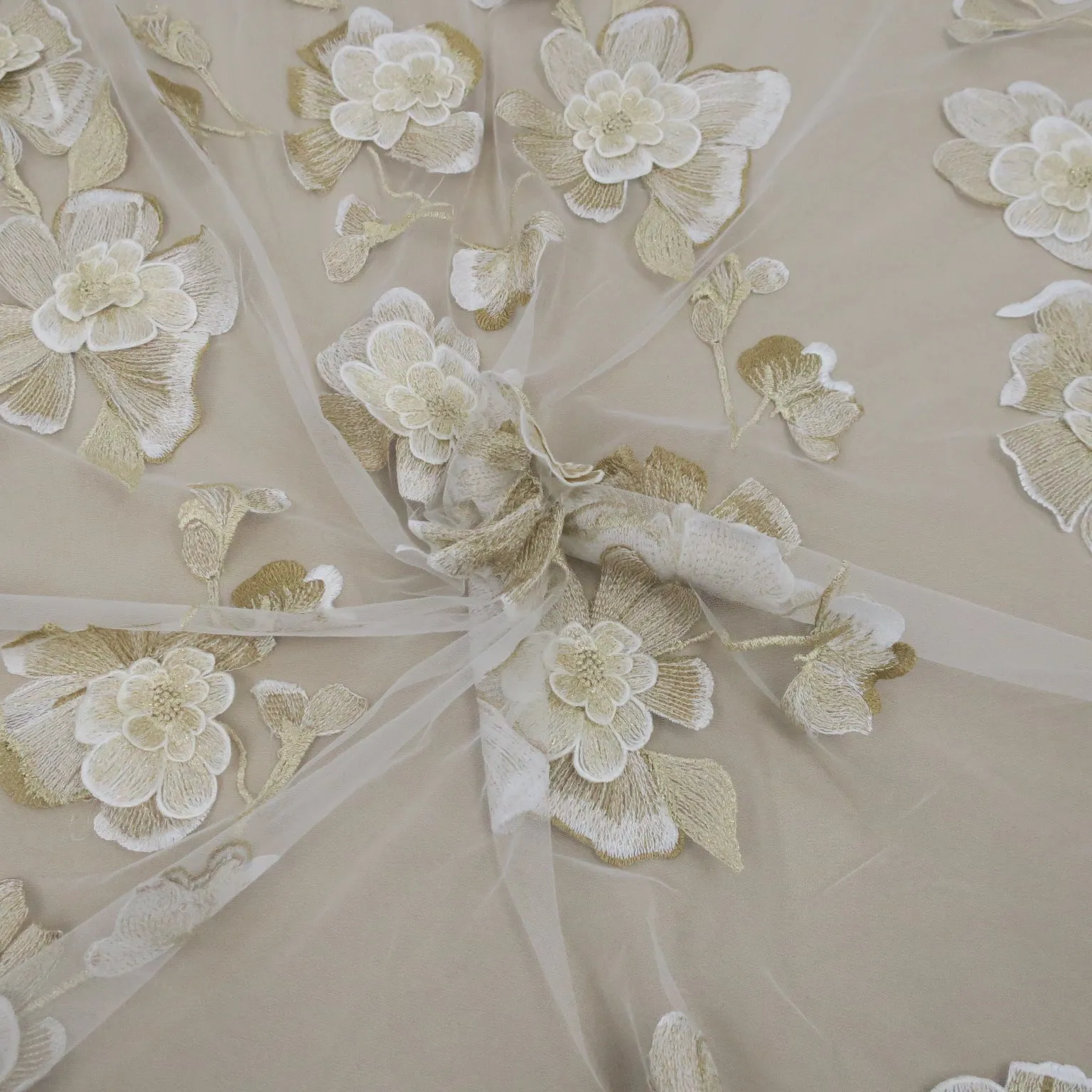 White Tulle with Beige Floral Embroidered Fabric