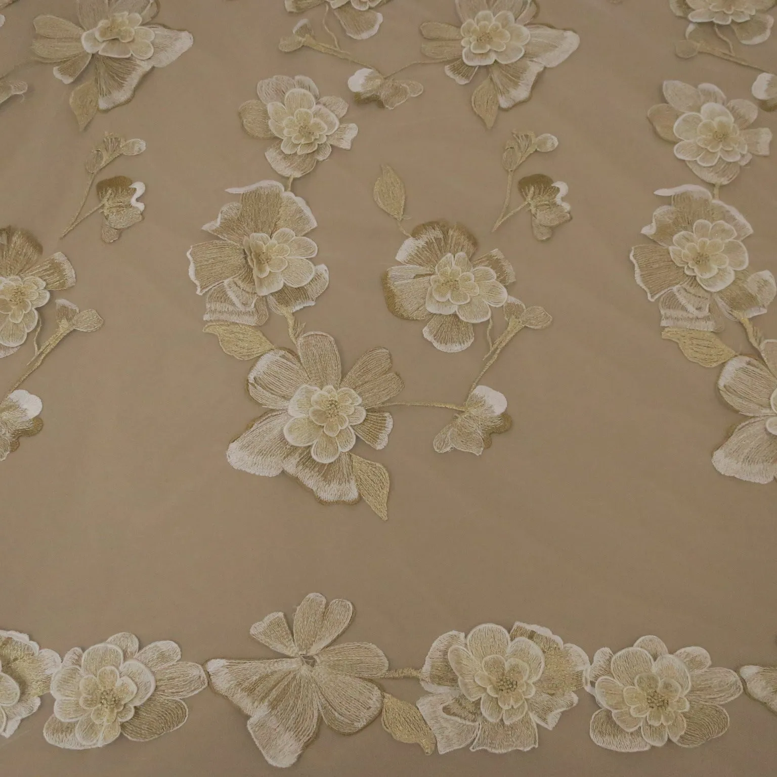 White Tulle with Beige Floral Embroidered Fabric