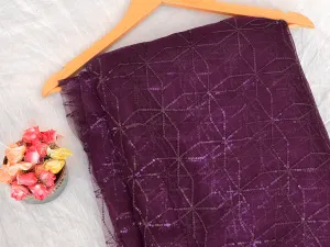 Wine Purple Geometric Thread & Sequins Geometric Embroidered Net Fabric