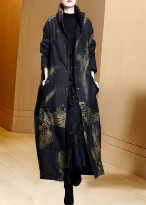 Women Black Stand Collar Pockets Print Fine Cotton Filled Trench Coat Spring AC2041
