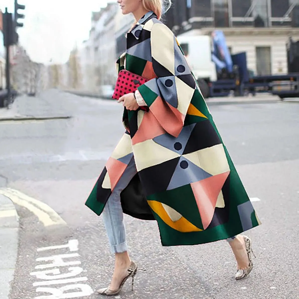 Women's Long Flared Sleeves Printed Loose Coats