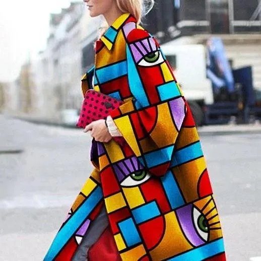 Women's Long Flared Sleeves Printed Loose Coats