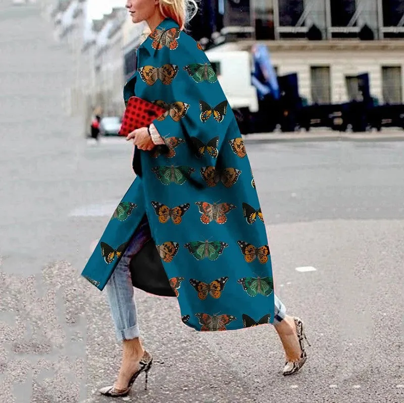 Women's Long Flared Sleeves Printed Loose Coats