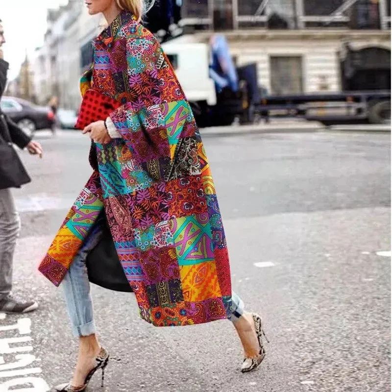 Women's Long Flared Sleeves Printed Loose Coats