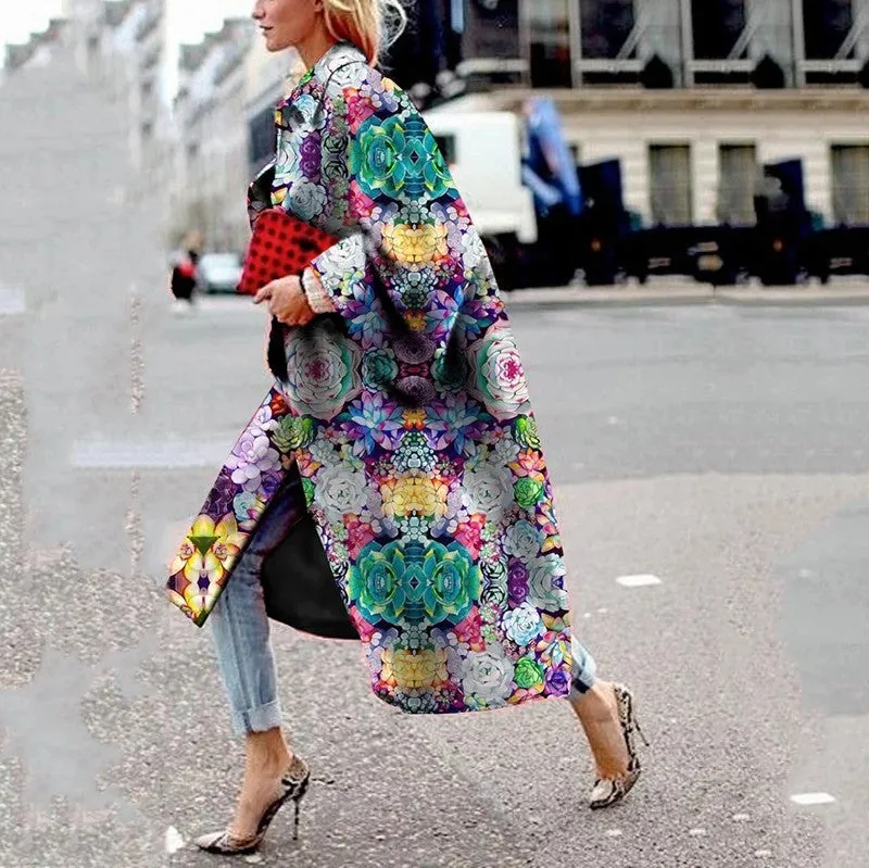 Women's Long Flared Sleeves Printed Loose Coats