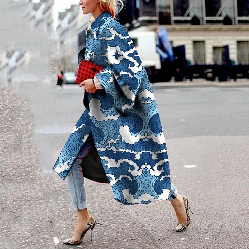 Women's Long Flared Sleeves Printed Loose Coats